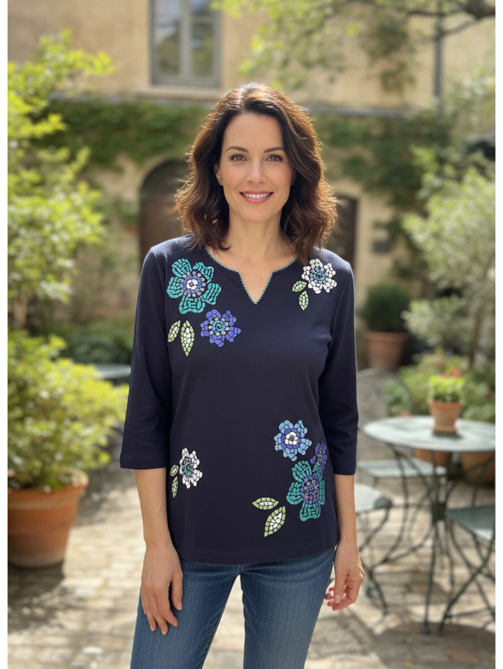 297 Alfred Dunner Petite PS Navy Blue Floral Embroidered Long Sleeve Top